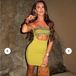 NWT Strapless Chartreuse Green Cutout Rhinestone Mini Dress